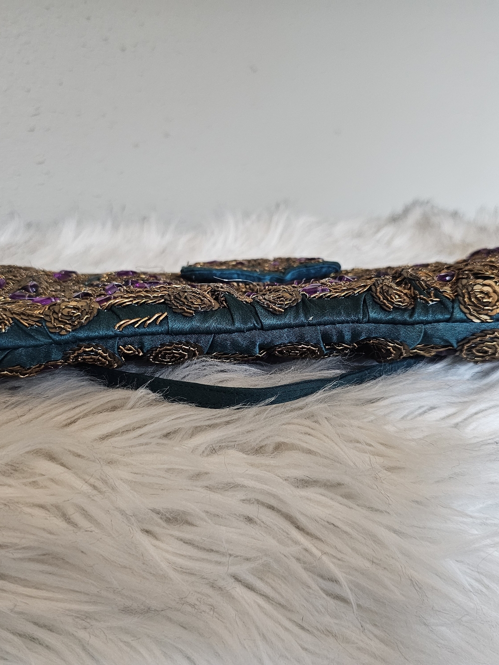 Vintage Santi Teal Satin Purple & Gold Beaded Evening Clutch Bag Fairycore - Picture 6 of 14